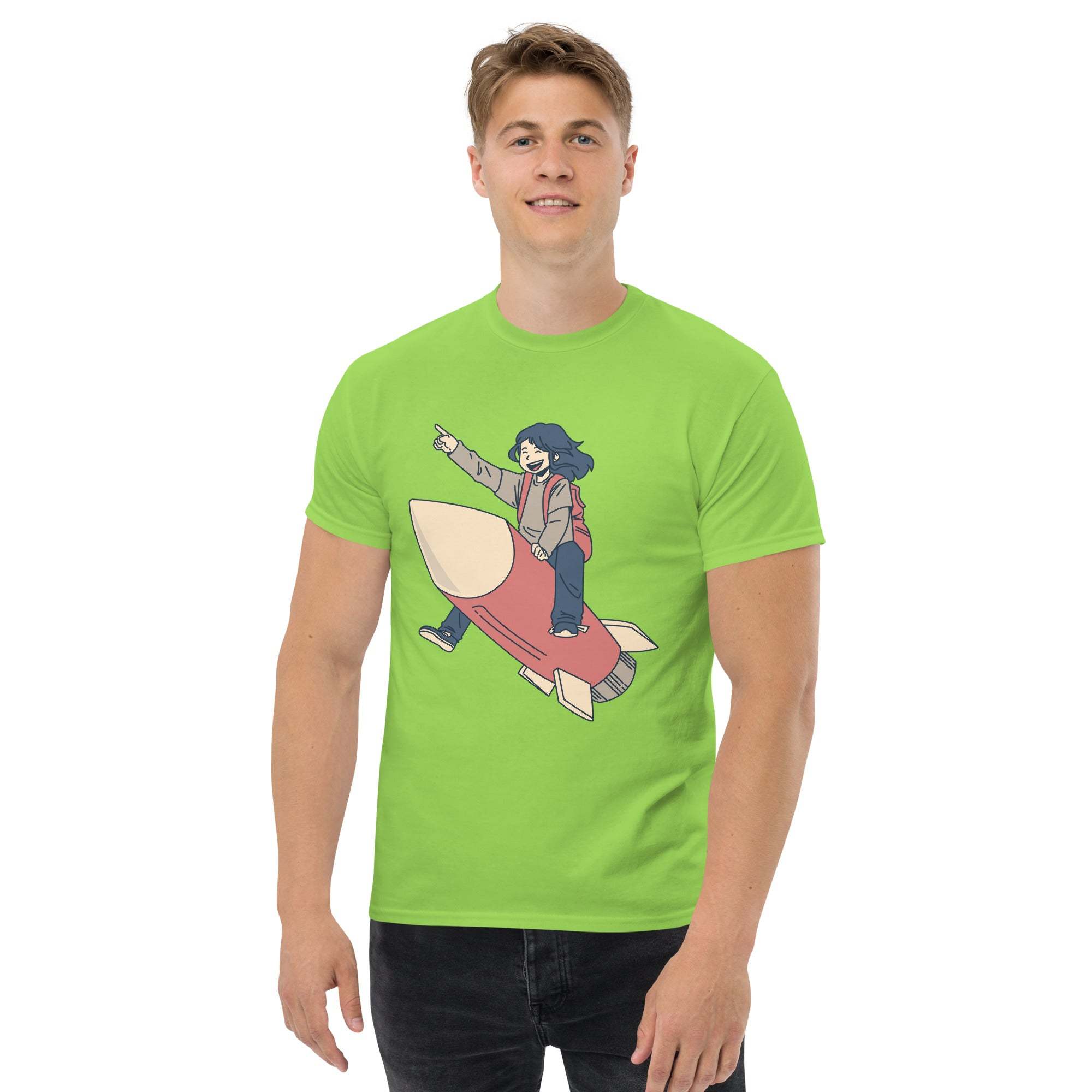 Man wearing lime green Rocket Ride T-Shirt with retro cartoon astronaut riding rocket graphic