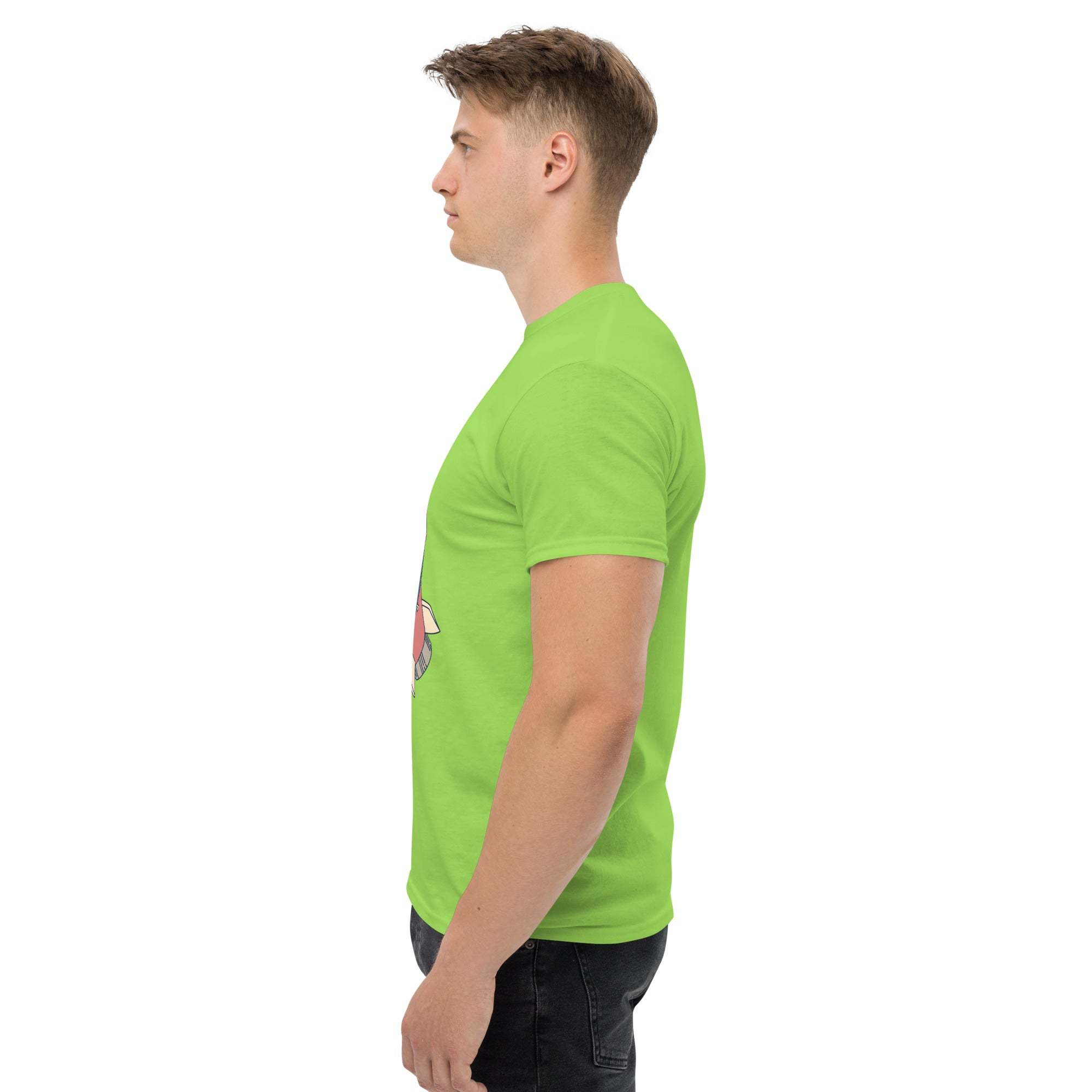 Side view of man wearing green Rocket Ride T-Shirt with retro cartoon space adventure design