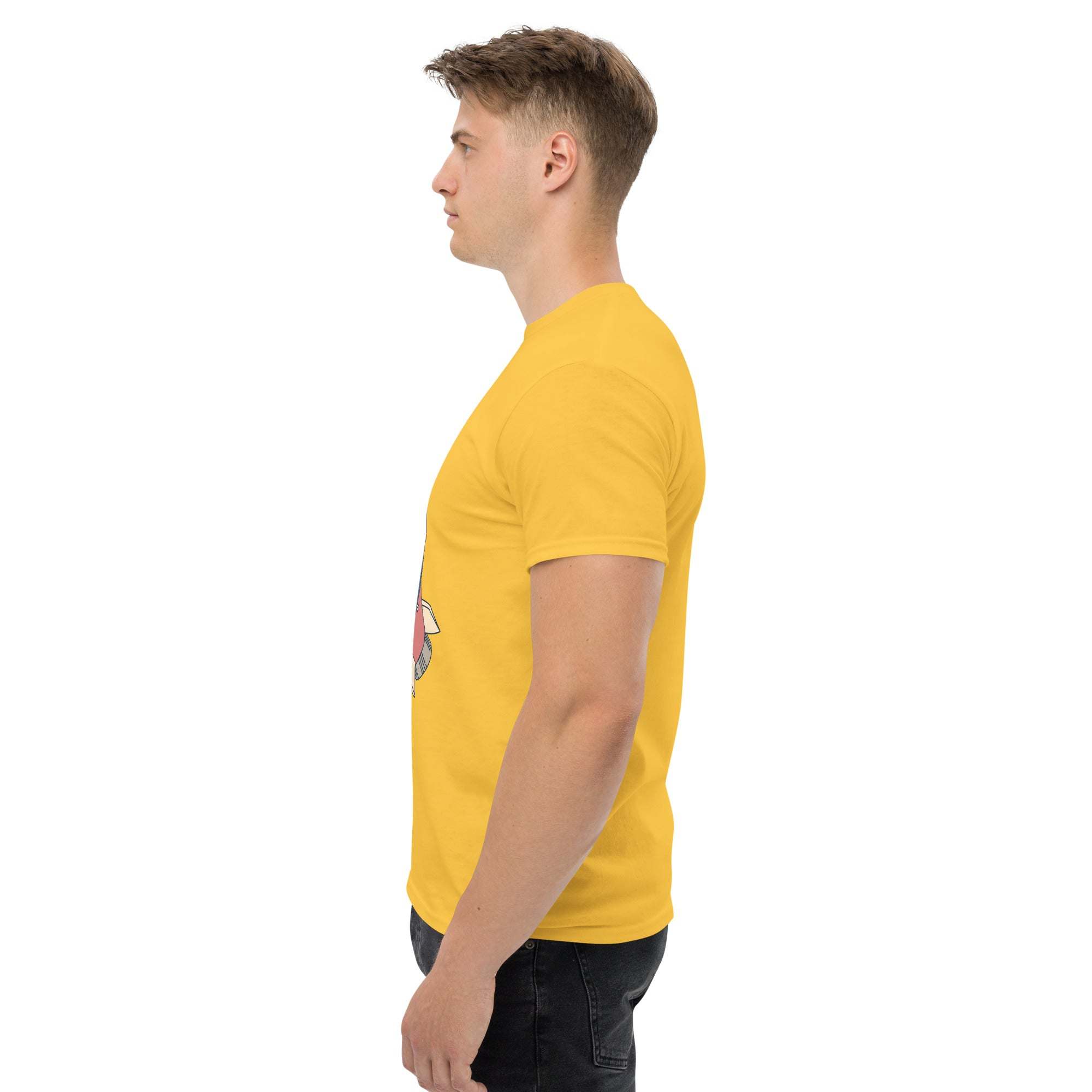 Side view of man wearing yellow Rocket Ride T-Shirt with retro space adventure graphic in unisex fit