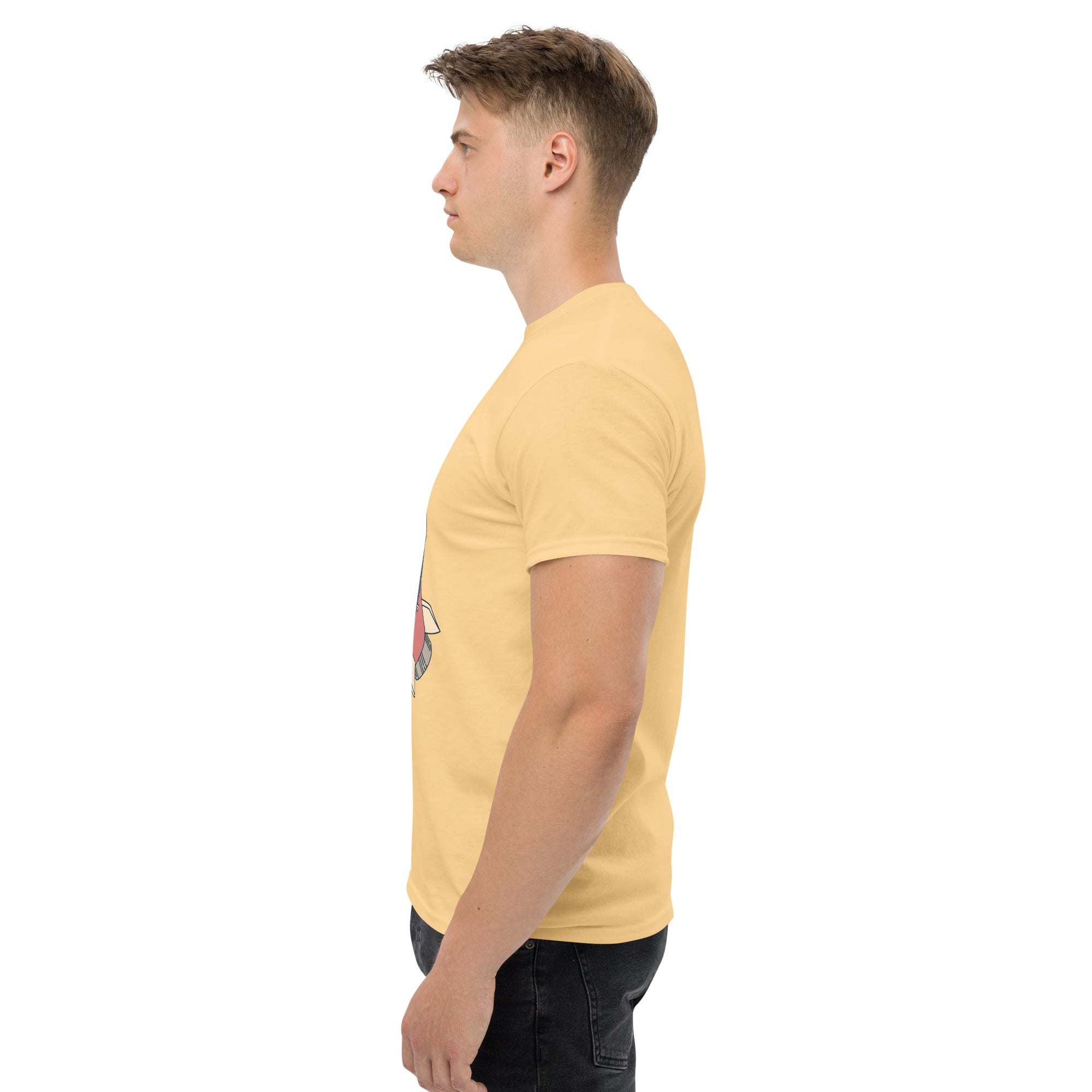Side view of a man wearing a yellow Rocket Ride T-Shirt with retro cartoon astronaut design