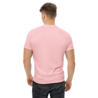 Back view of man wearing plain pink Rocket Ride T-Shirt for space adventure fans