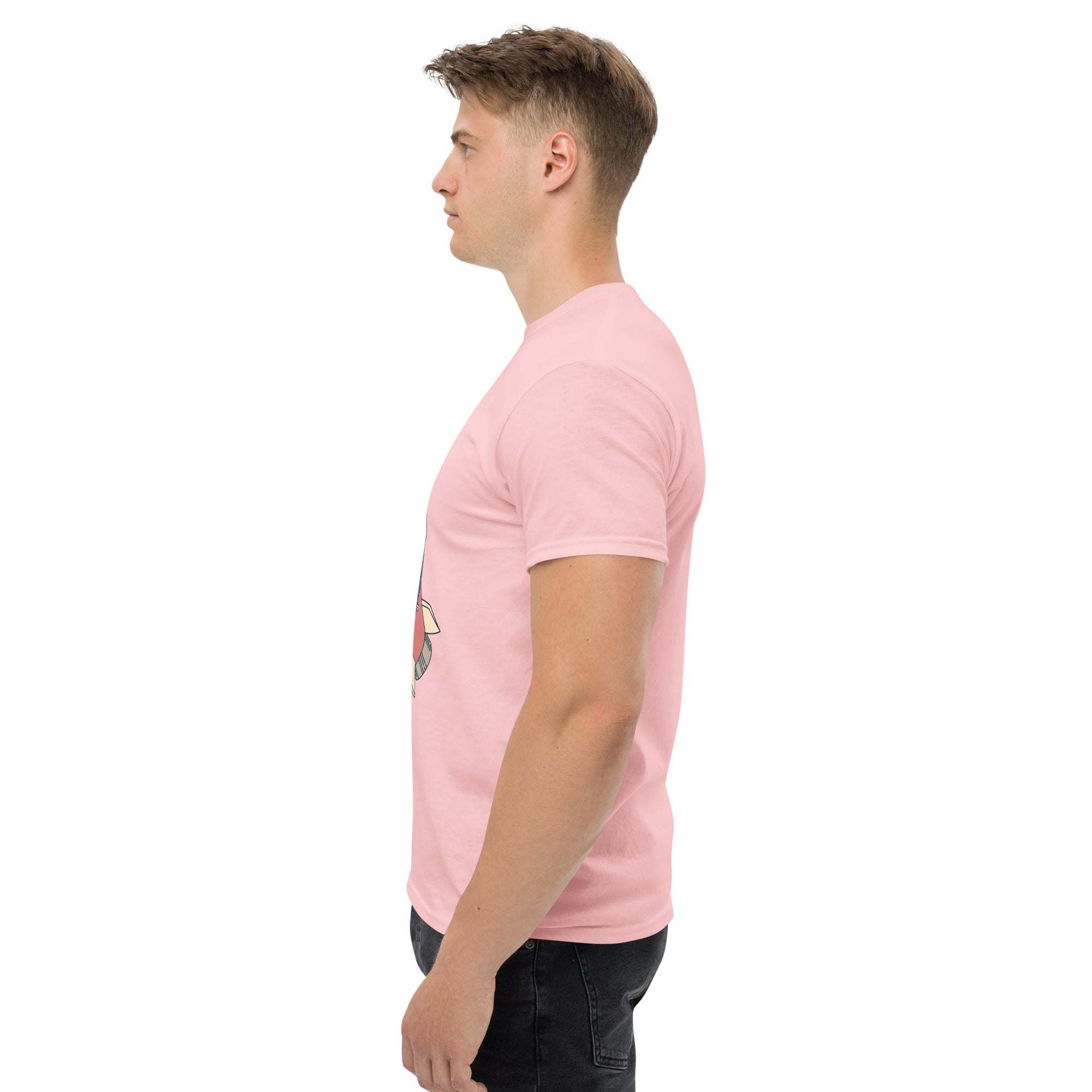 Man wearing pink Rocket Ride T-Shirt with retro cartoon astronaut graphic in side view