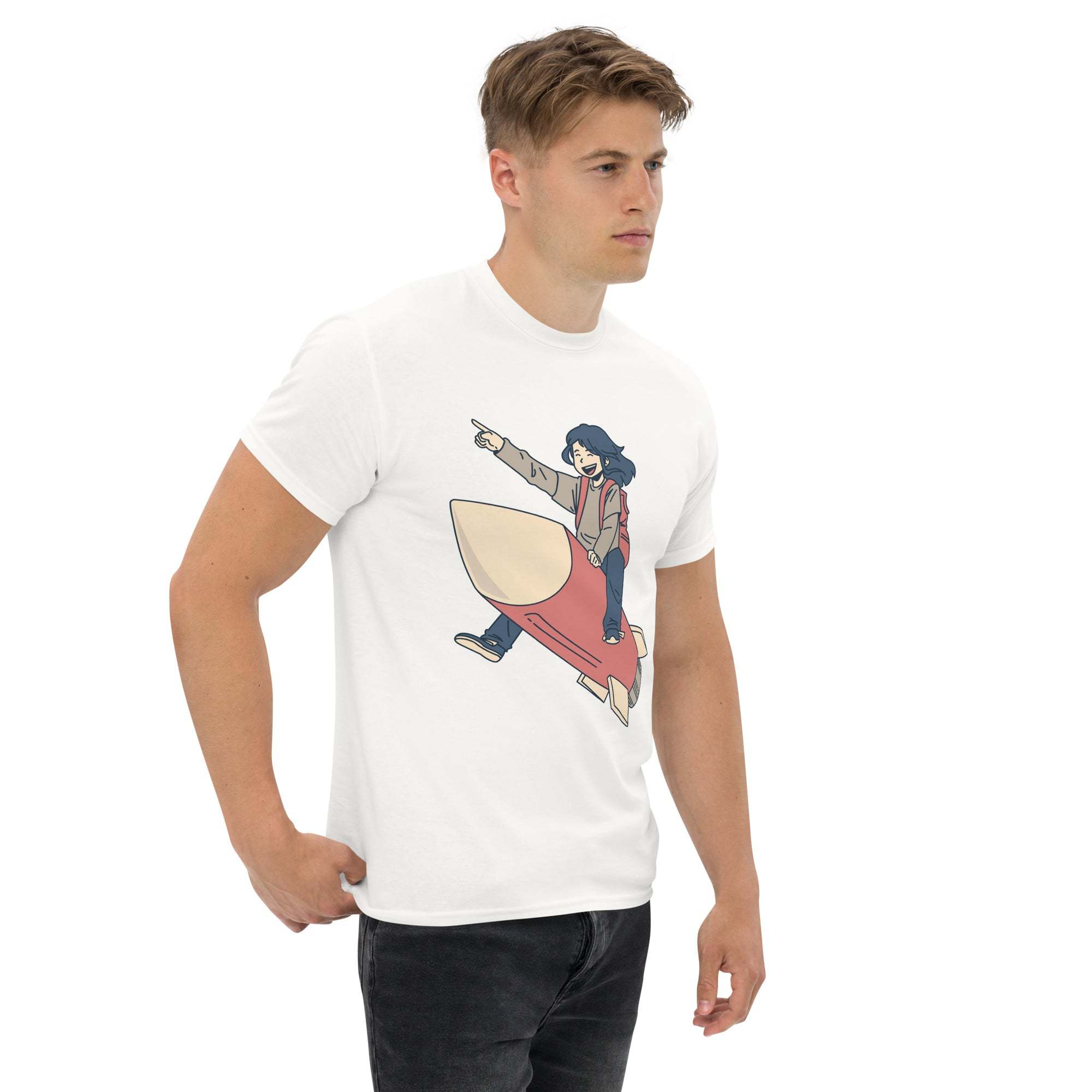 Man wearing white Rocket Ride T-Shirt with retro cartoon astronaut riding a rocket graphic design