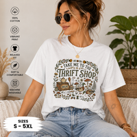 Vintage thrift shop t-shirt with hand-lettered text, botanicals, mushrooms, and flea market treasures in cottagecore style