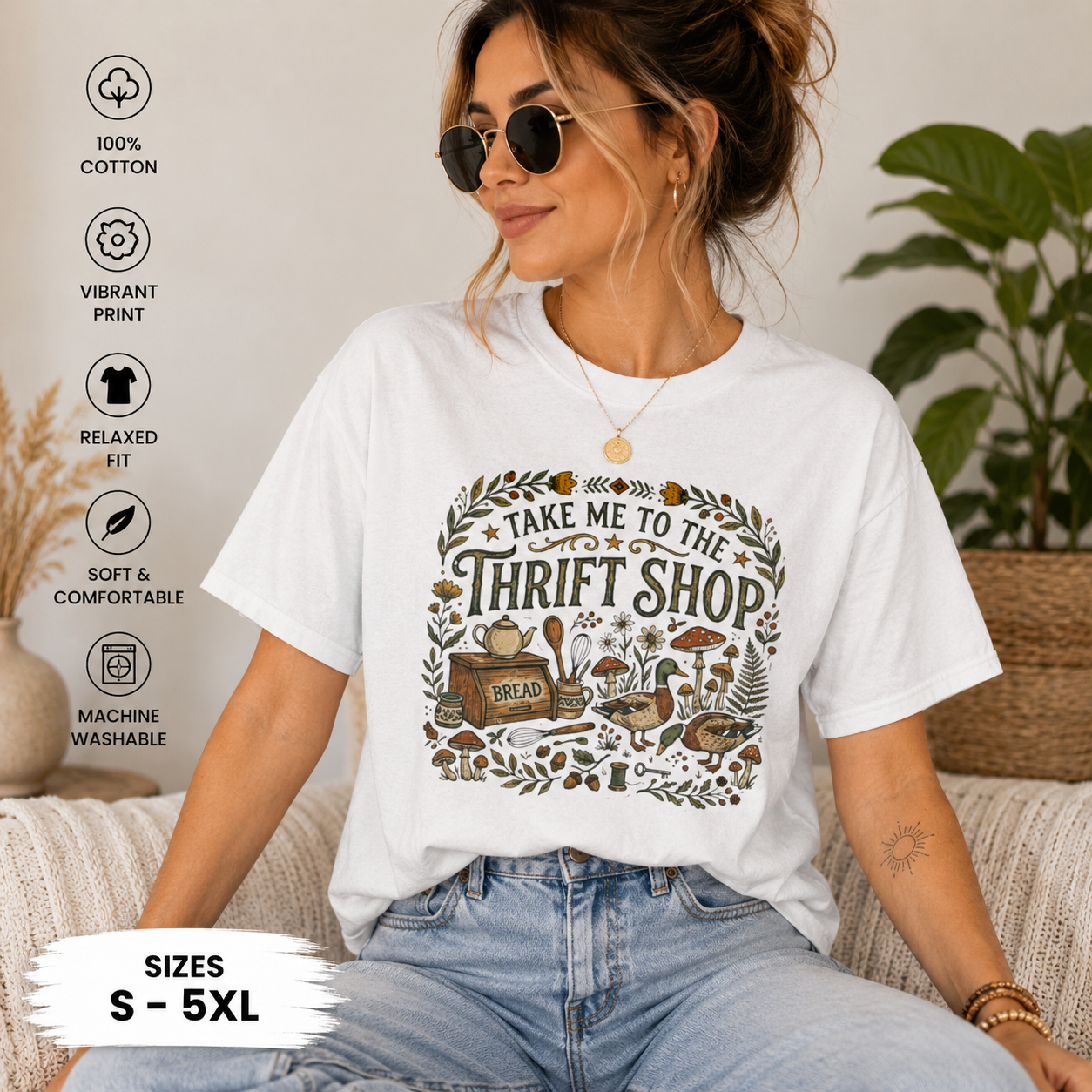 Vintage thrift shop t-shirt with hand-lettered text, botanicals, mushrooms, and flea market treasures in cottagecore style