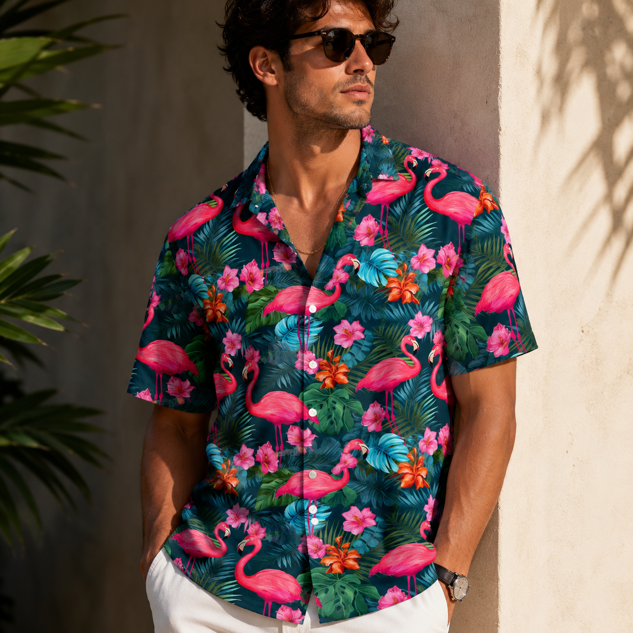 Men's flamingo tropical shirt with lightweight breathable fabric and vibrant prints