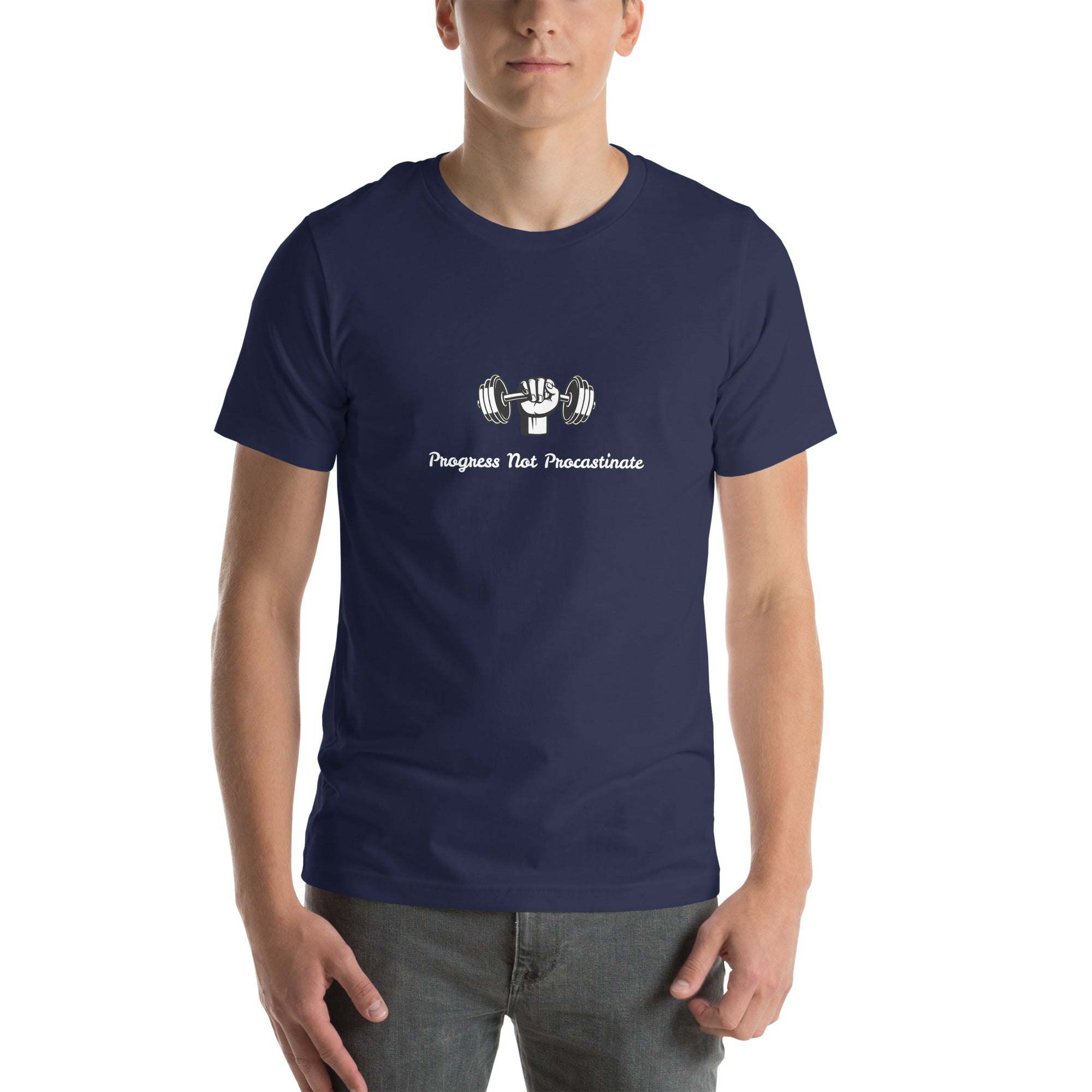Navy Progress Not Procrastinate T-Shirt with barbell graphic and motivational text in unisex fit.